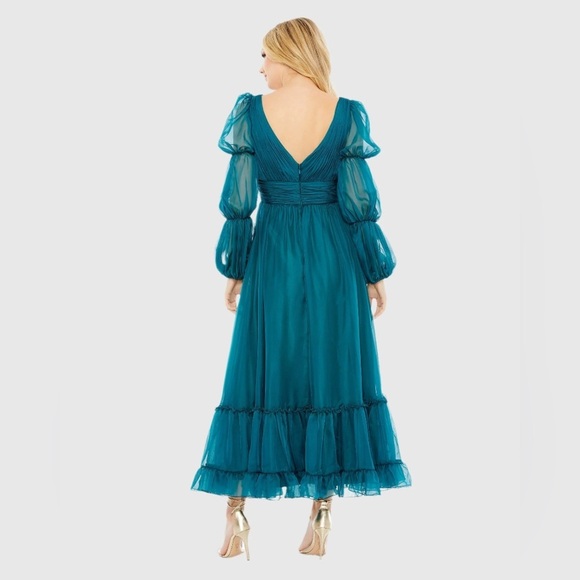 Mac Duggal 68254 NWT Teal Chiffon Ruched Tiered Puff Sleeve A Line Dress - Picture 3 of 6